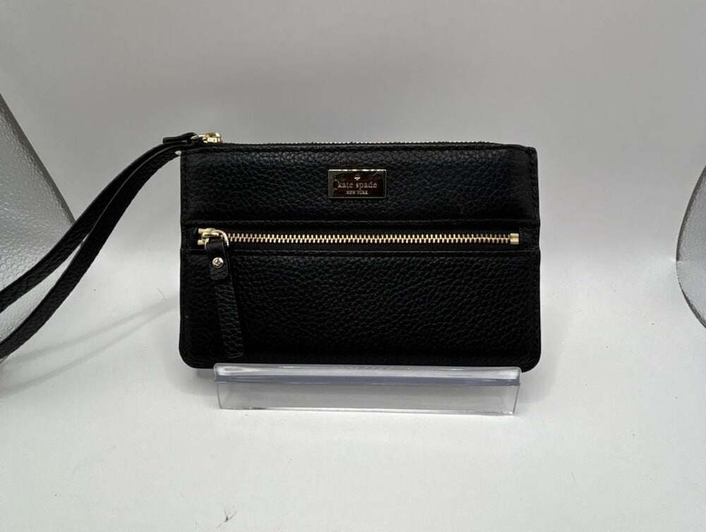 Kate Spade Black Pebbled Leather Zip Wristlet Wallet with Front Pocket